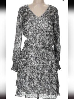 White House Black Market Black and Metallic Silver V-Neck Long Sleeve Dress XS
